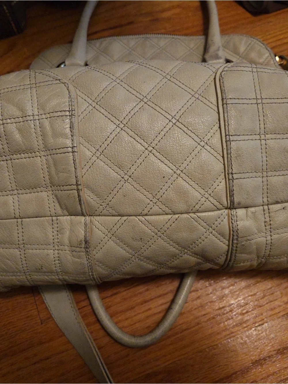 Quilted Leather Satchel Handbag in Light cream